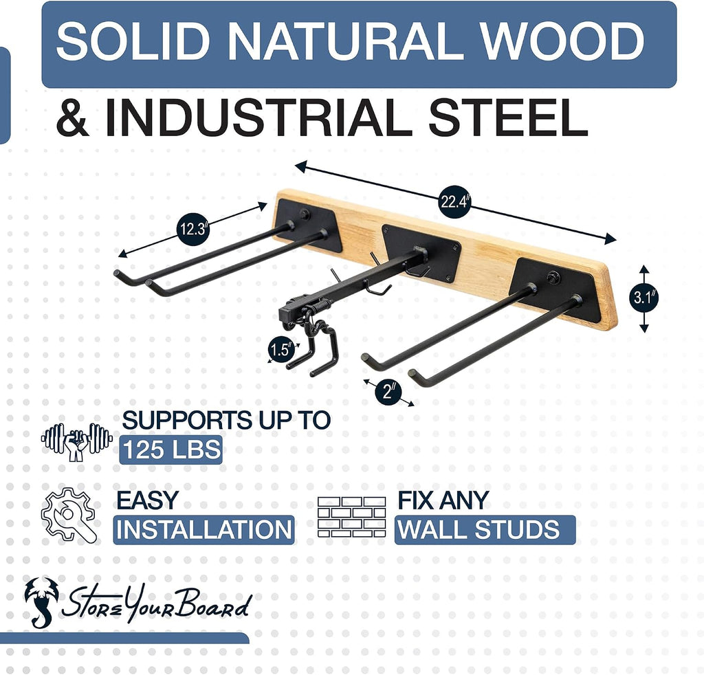 StoreYourBoard BLAT Tool Wood Yard Tool Organizer, Solid Steel Holds 125 lbs, Garage Wall Mount Hooks for Shovels Rakes