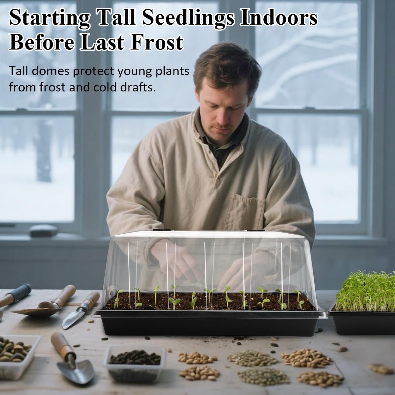 1020 Seed Starting Trays with Tall 7.3" Humidity Dome, No Hole, 10-Pack | Heavy Duty Plant Tray with High Lid for