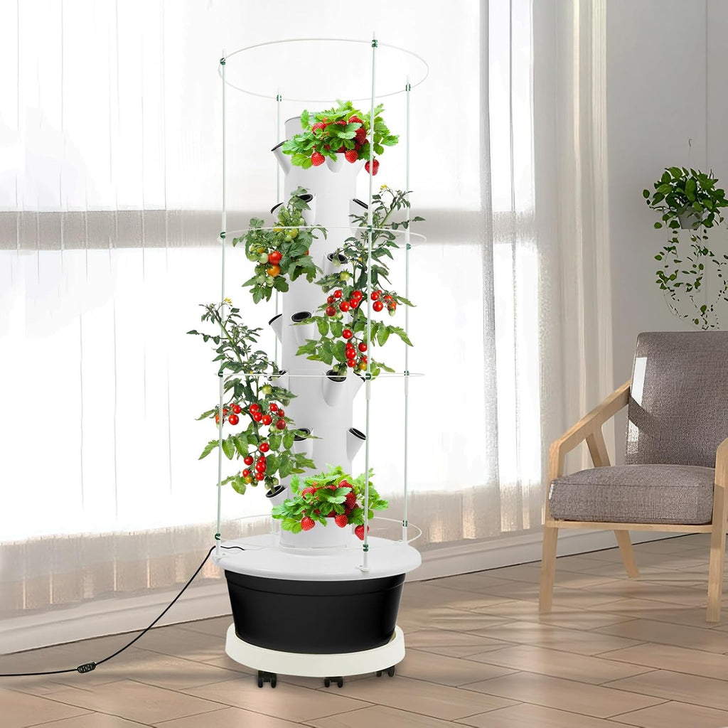 28 Pods Hydroponics Growing System kit, 7-Layer Movable Vertical Hydroponic Tower with Pump Timer Climbing Support