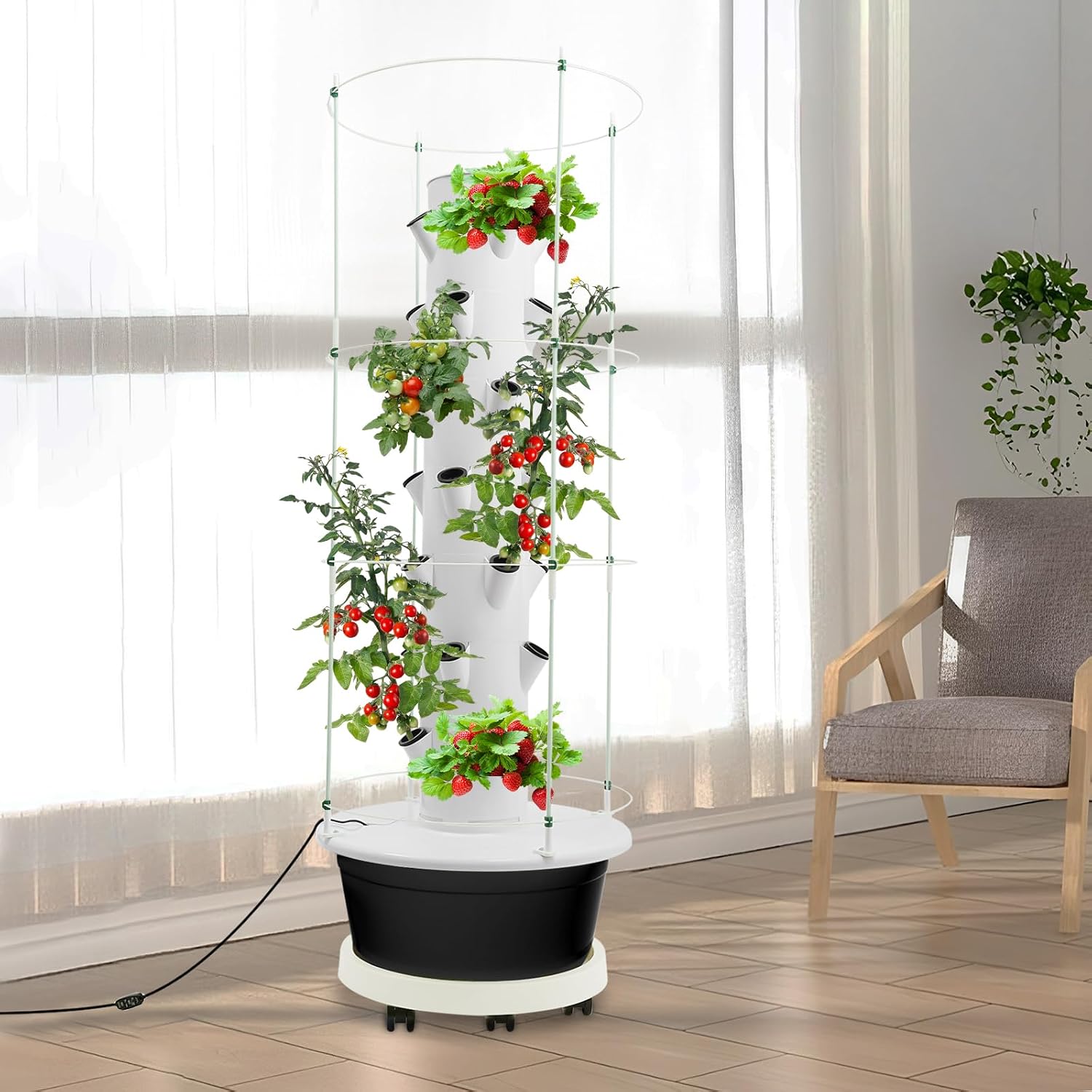 28 Pods Hydroponics Growing System kit, 7-Layer Movable Vertical Hydroponic Tower with Pump Timer Climbing Support