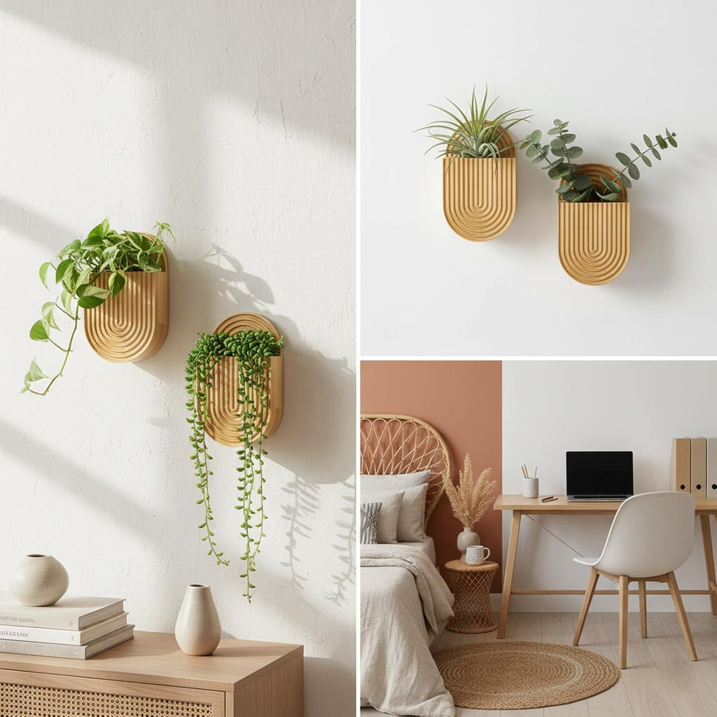 Wooden Wall Vase Set of 2, Bamboo Boho Wall Decor Planters Holder for Indoor Plants, for Entryway, Hallway, Bathroom