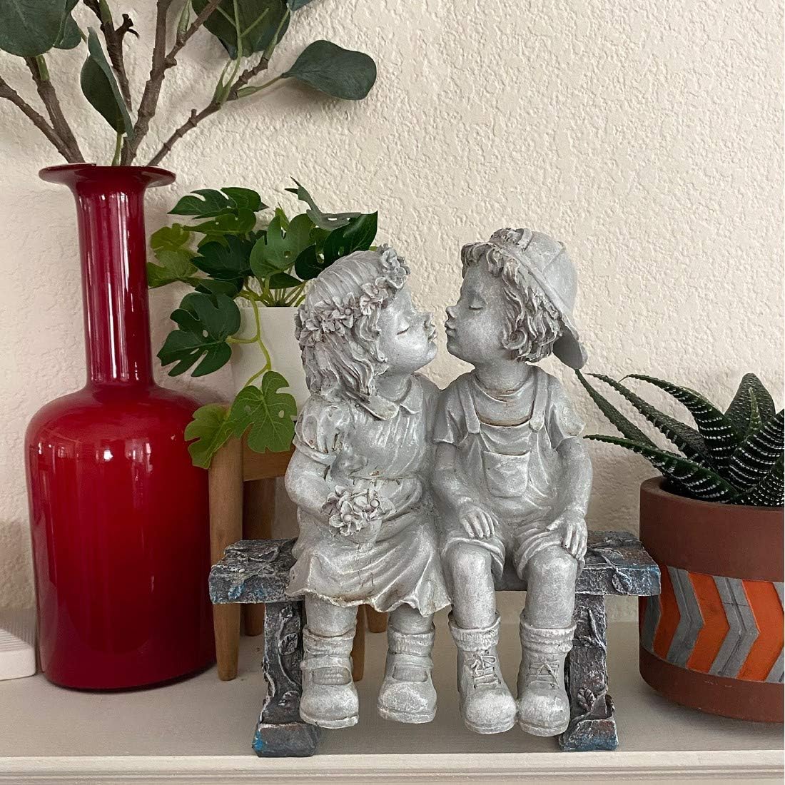Lily's Home 8.25-Inch First Kiss Statue - Resin Garden Decor for Outside - Outdoor and Garden Decorations - Little Girl