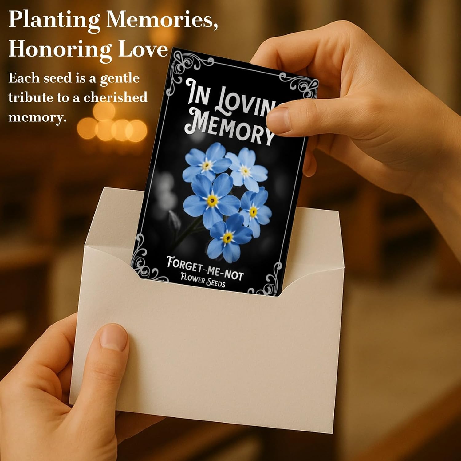 120 Pack Forget-Me-Not Flower Seed Packets for Memorial Services | Printed seed envelopes with poem and planting