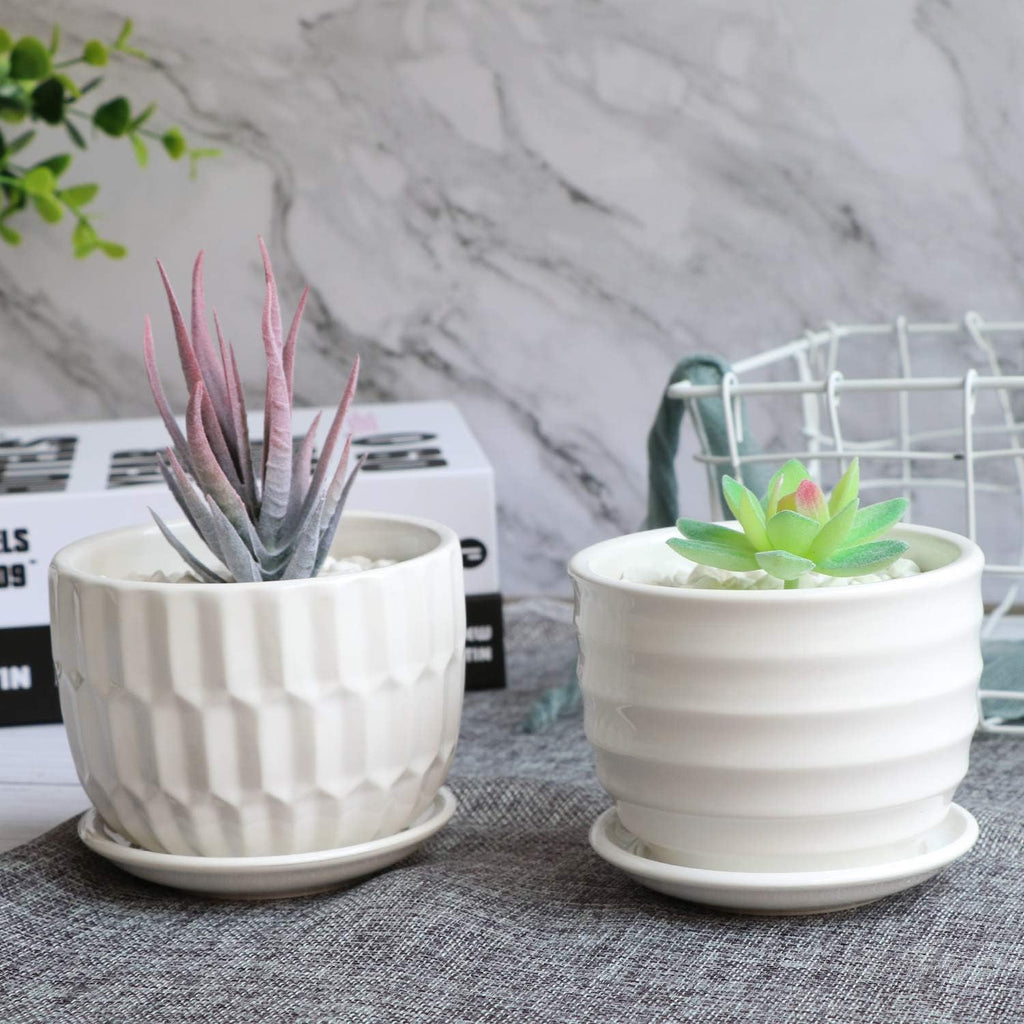 Flower Pots, 4 Inch Cylinder Ceramic Plant Pots with Connected Saucer, Mini Ceramic Planters for Succulent and Little