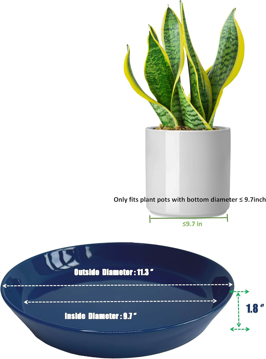 Ceramic Plant Saucer Tray 9 10 11 Inch Blue, 11.3" OD x9.7 ID x1.8 Deep| Round Sturdy Heavy Duty Glazed Bevel Planter