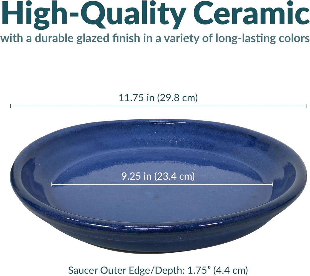 Sunnydaze 9" Ceramic Plant Saucers for Planters, 2pk, Imperial Blue | Indoor or Outdoor, Plant Drip Trays for Flower