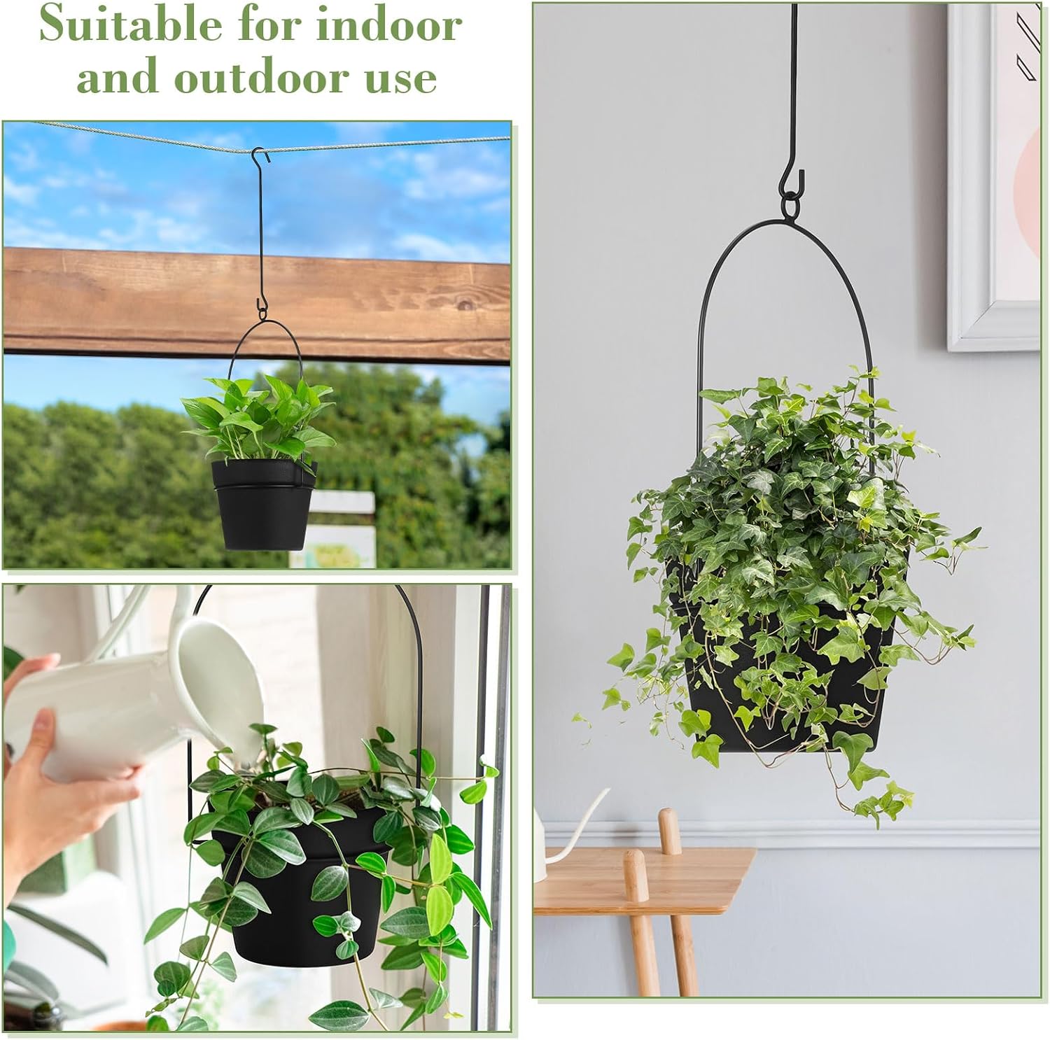 Hushee 6 Packs Metal Hanging Planters for Outdoor Indoor Plants Plant Hanger with 6.3'' Plastic Pots Hanging Planter