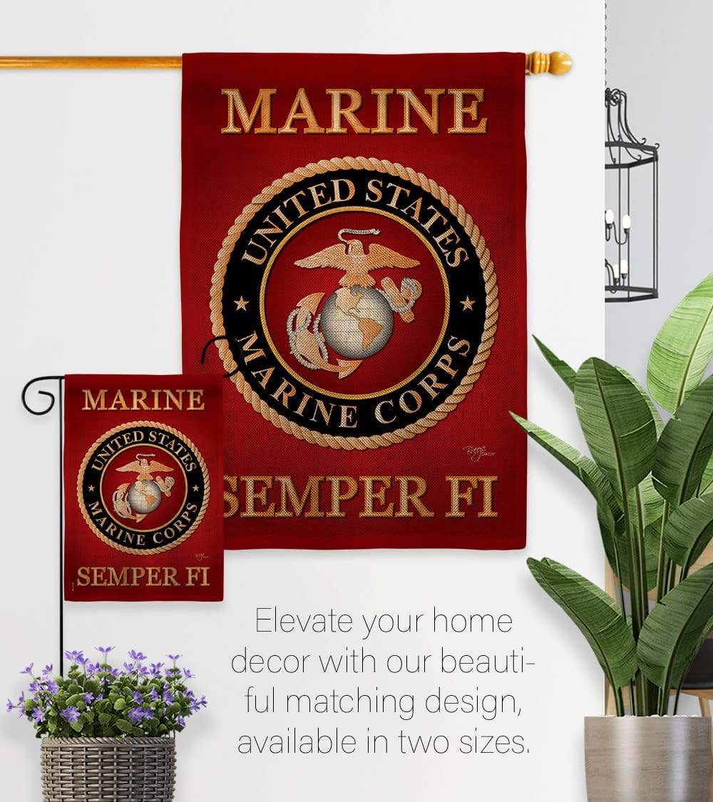 Marine Corps Burlap Garden Flag - Set with Stand Armed Forces USMC Semper Fi United State American Military Veteran