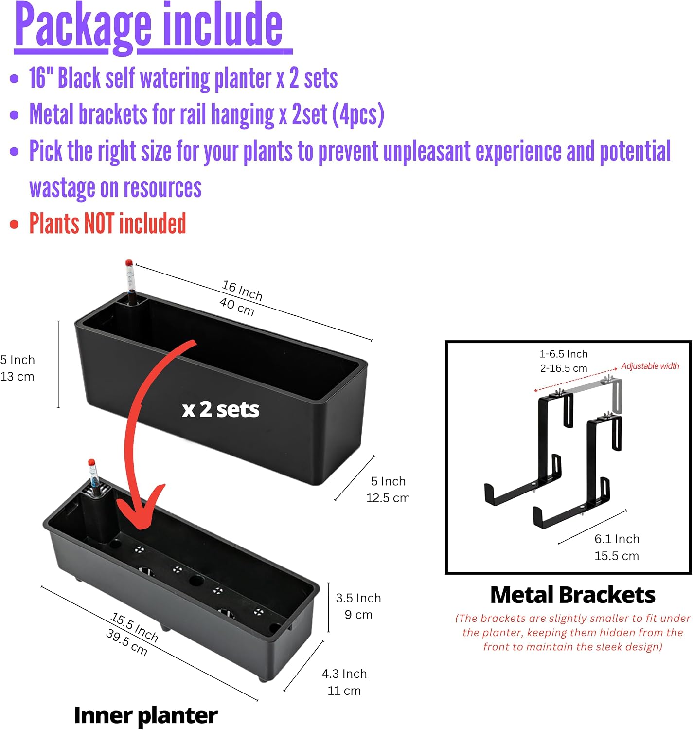 LaLaGreen Railing Planter Boxes (16 Inch, 2 Pack) Black Rectangular Plastic Window Box Planters with Self-Watering