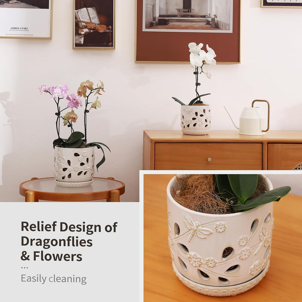 6.5" + 5" Ceramic Orchid Pot with Drainage Holes & Saucer | Orchid Containers with Precise Aeration, White Flower Pots
