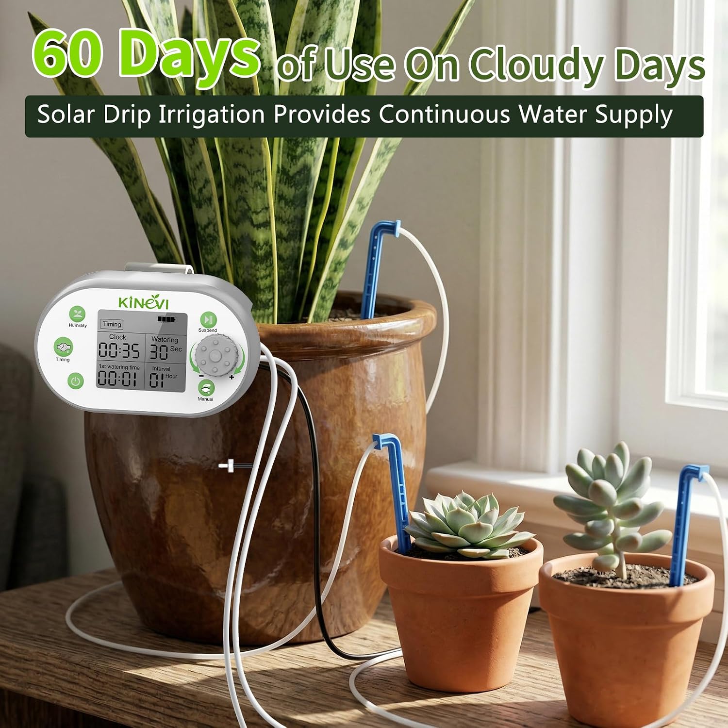 Automatic Plant Waterer for 15 Pots, Indoor Drip Irrigation Kit | Programmable Water Timer with Smart Humidity Sensor