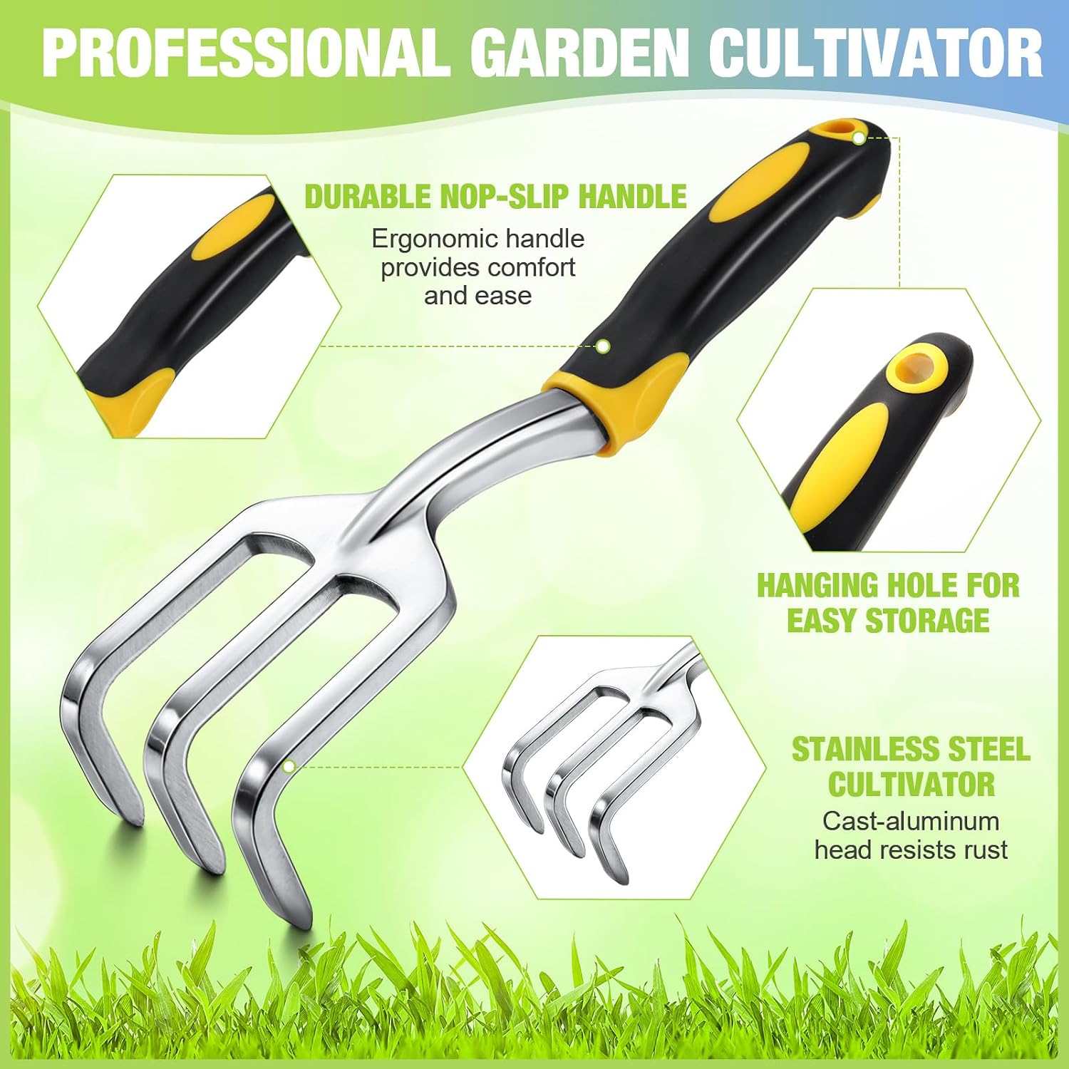 Yaocom 12 Pcs Hand Rake Garden Tool Mini Rake Heavy Duty Garden Cultivator 11 Inches Small Rake for Gardening Aluminum