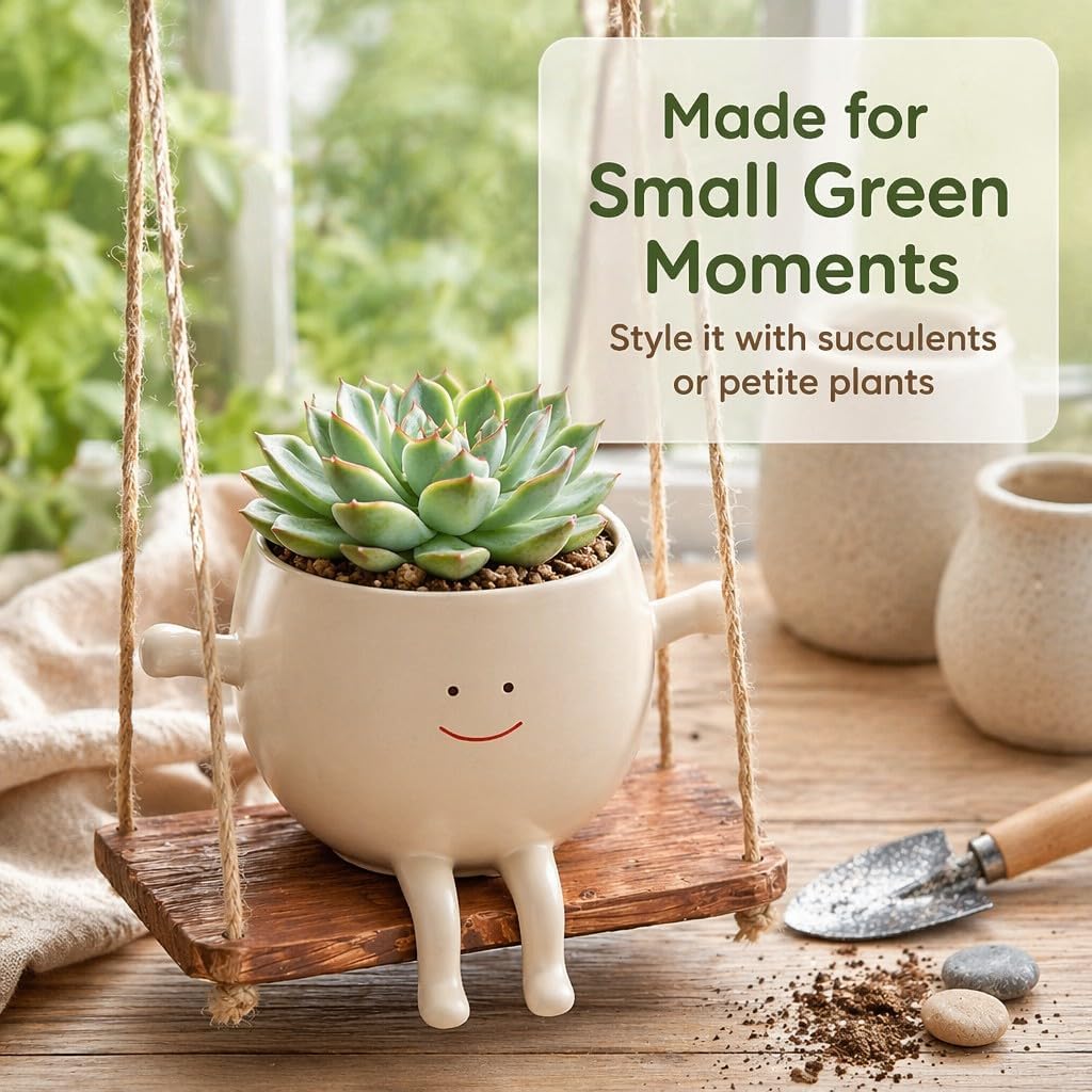 2 PCS Swinging Face Plant Pots 【Thicken Version】 Unique Cute Hanging Succulent Cactus Flower Head Resin Planters Pots