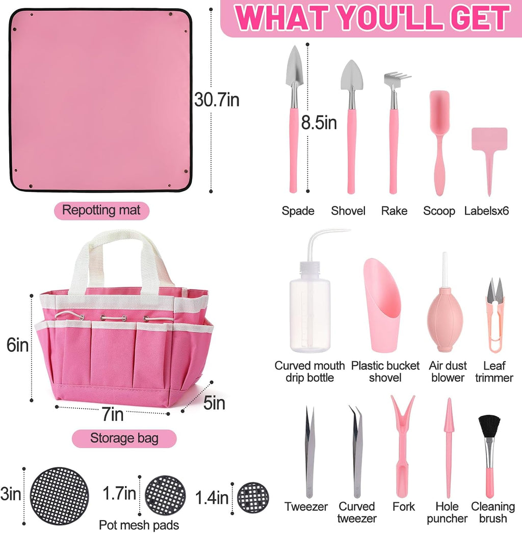 ANPHSIN 44pcs Small Gardening Tools Gifts for Women Beginners, Pink | Garden Hand Tools Set for Indoor Succulent