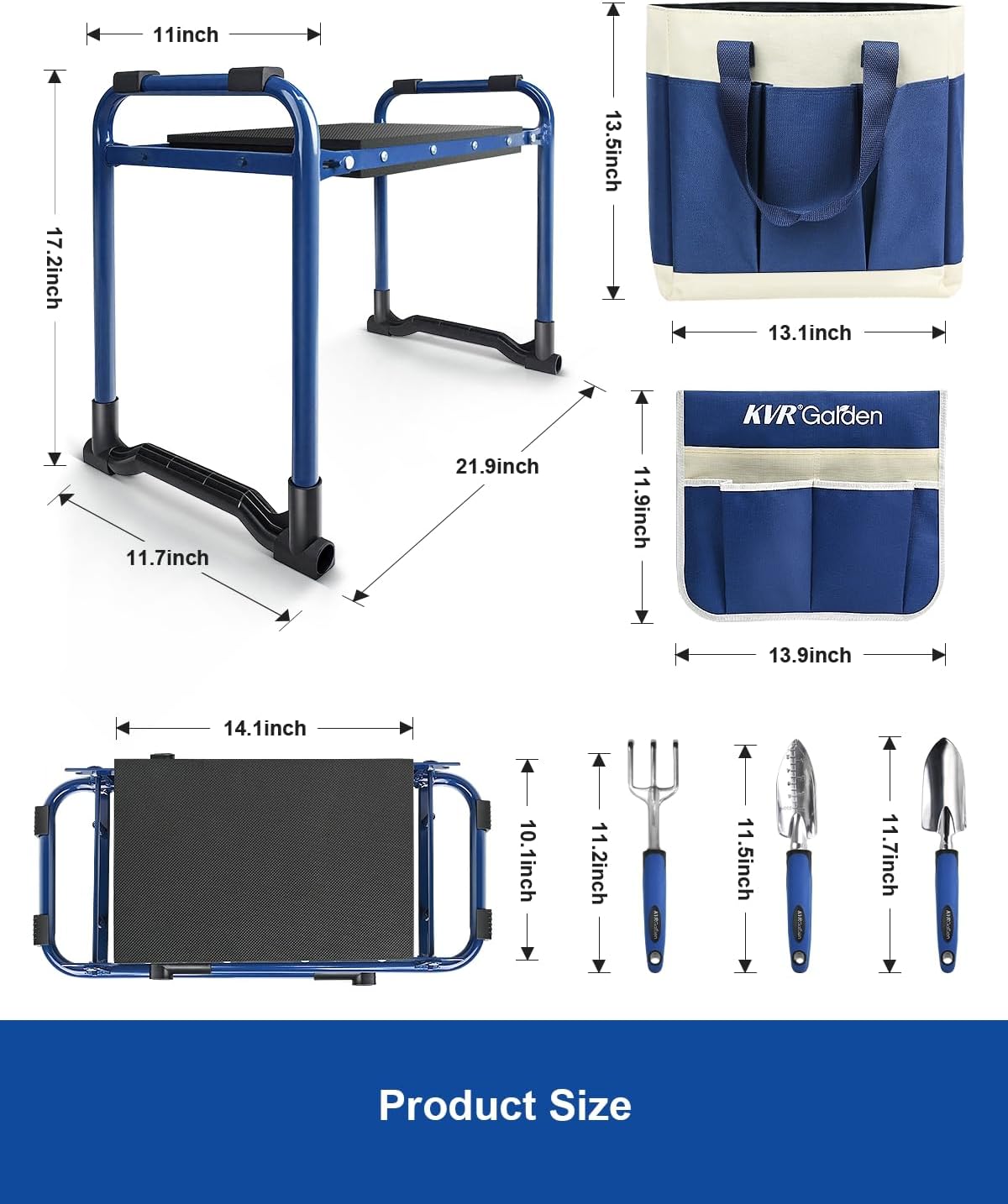 KVR Garden Kneeler and Seat Heavy Duty, 7-Piece Foldable Gardening Bench & Stool Set with 3 Aluminum Tools, 2 Secure