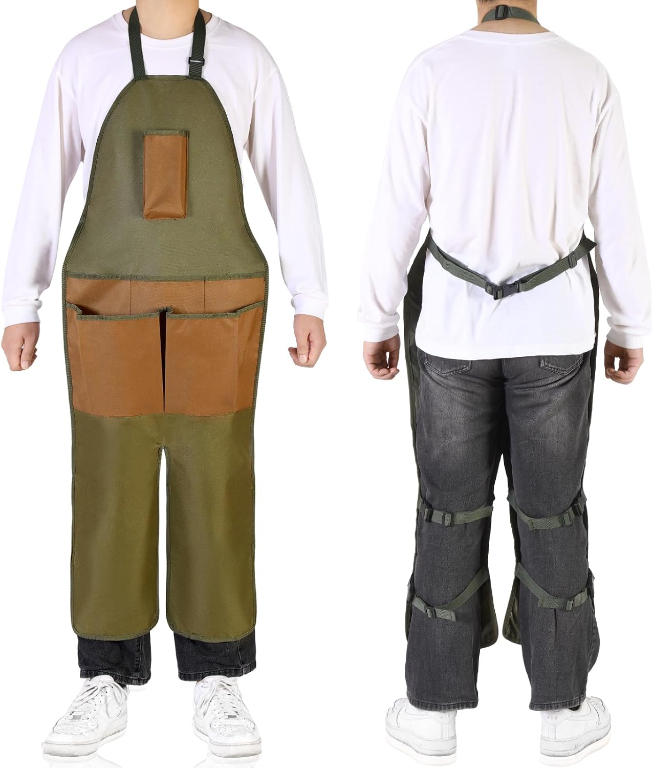 Shyyween Gardening Apron Adjustable Legs Waterproof Apron with 6 Release Pockets Army Green Adjustable Buckle for