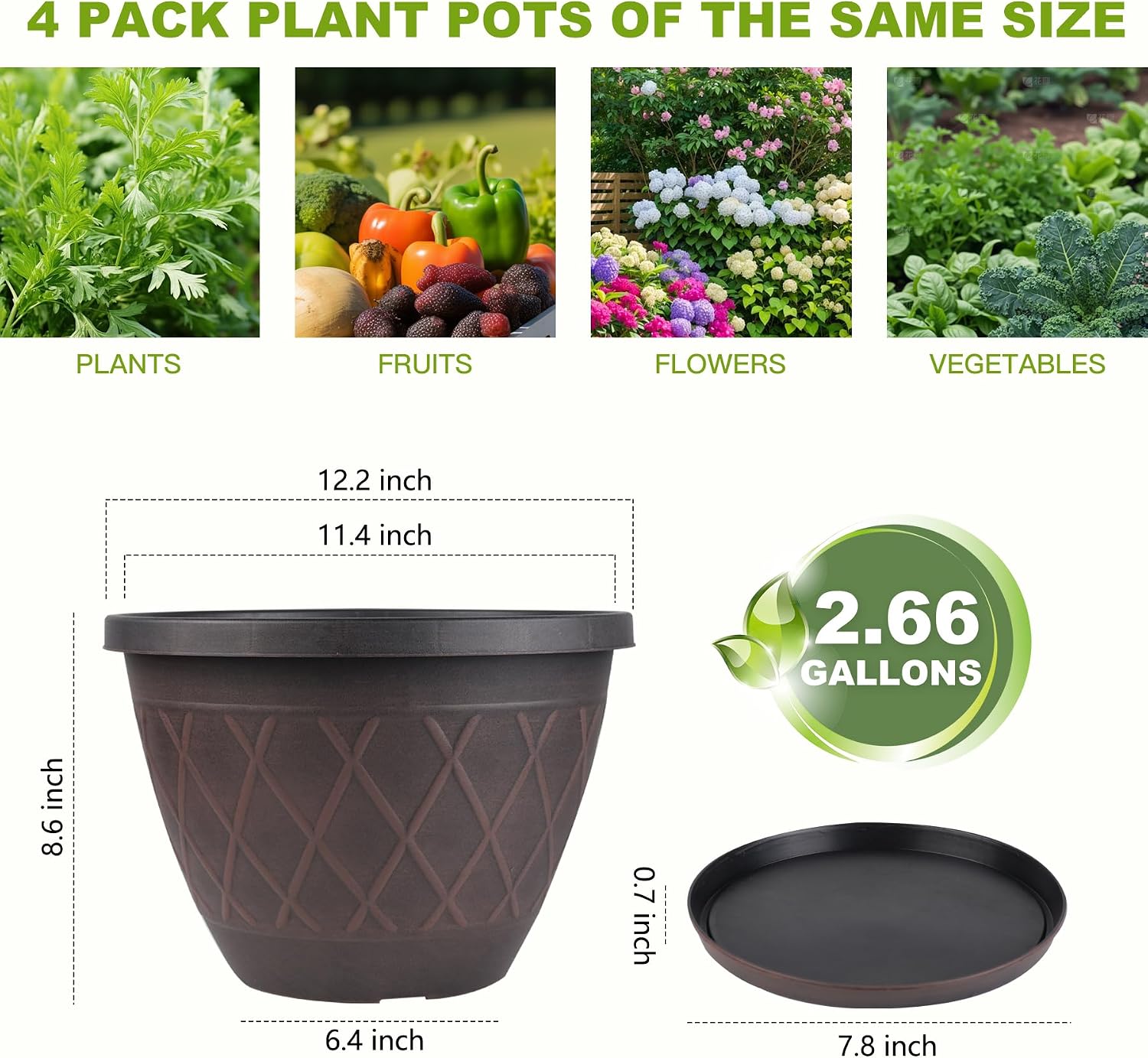 4 Pack 12 Inch Pots for Plants, Plastic Flower Pots with Faux-fence Texture | Modern Planter Pots with Saucers &
