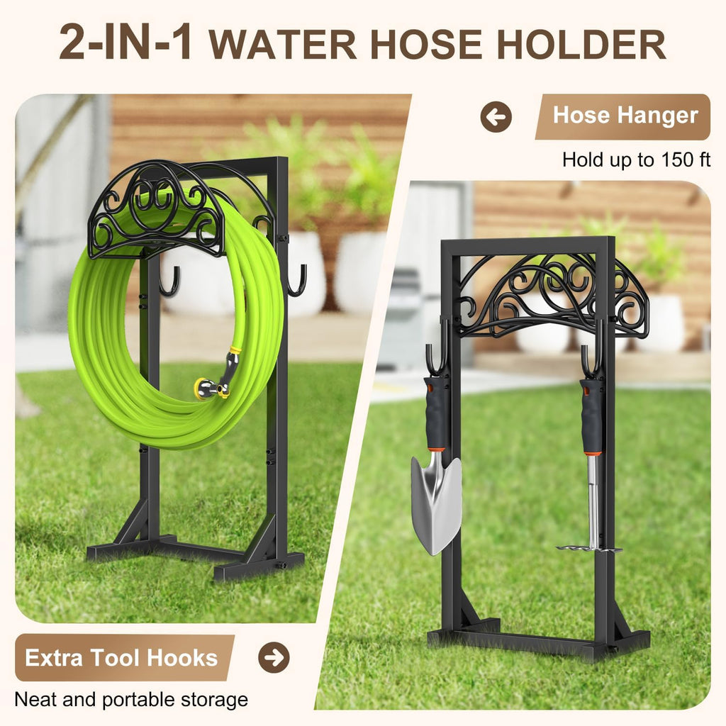 Freestanding Garden Hose Stand, Heavy Duty Water Hose Holder with Tool Hooks, 4 Anchoring Spikes, 150 ft Storage for