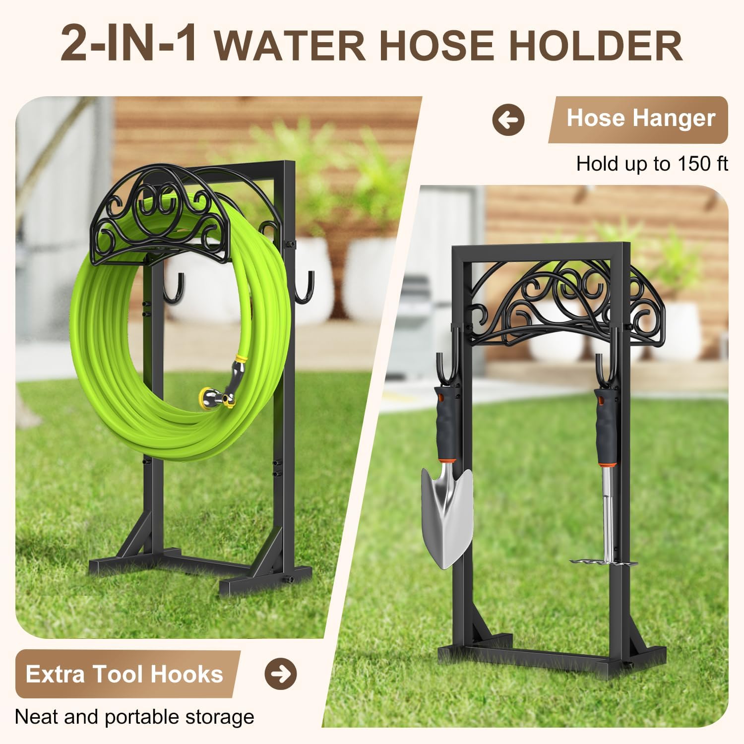 Freestanding Garden Hose Stand, Heavy Duty Water Hose Holder with Tool Hooks, 4 Anchoring Spikes, 150 ft Storage for