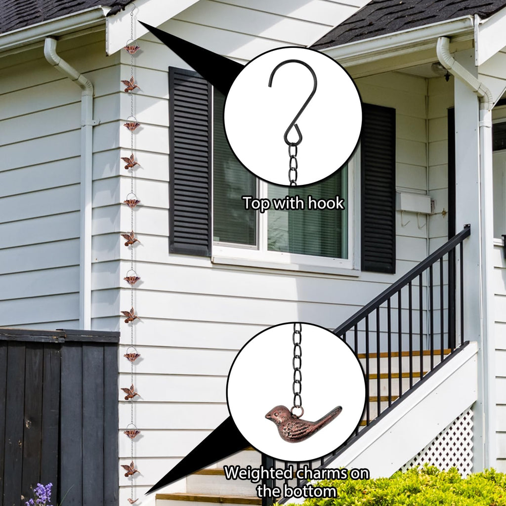 8.5Ft Copper Rain Chains for Gutters | Lotus Rain Catcher Chain for Gutters Outside with Adapter, Hummingbird and Cup