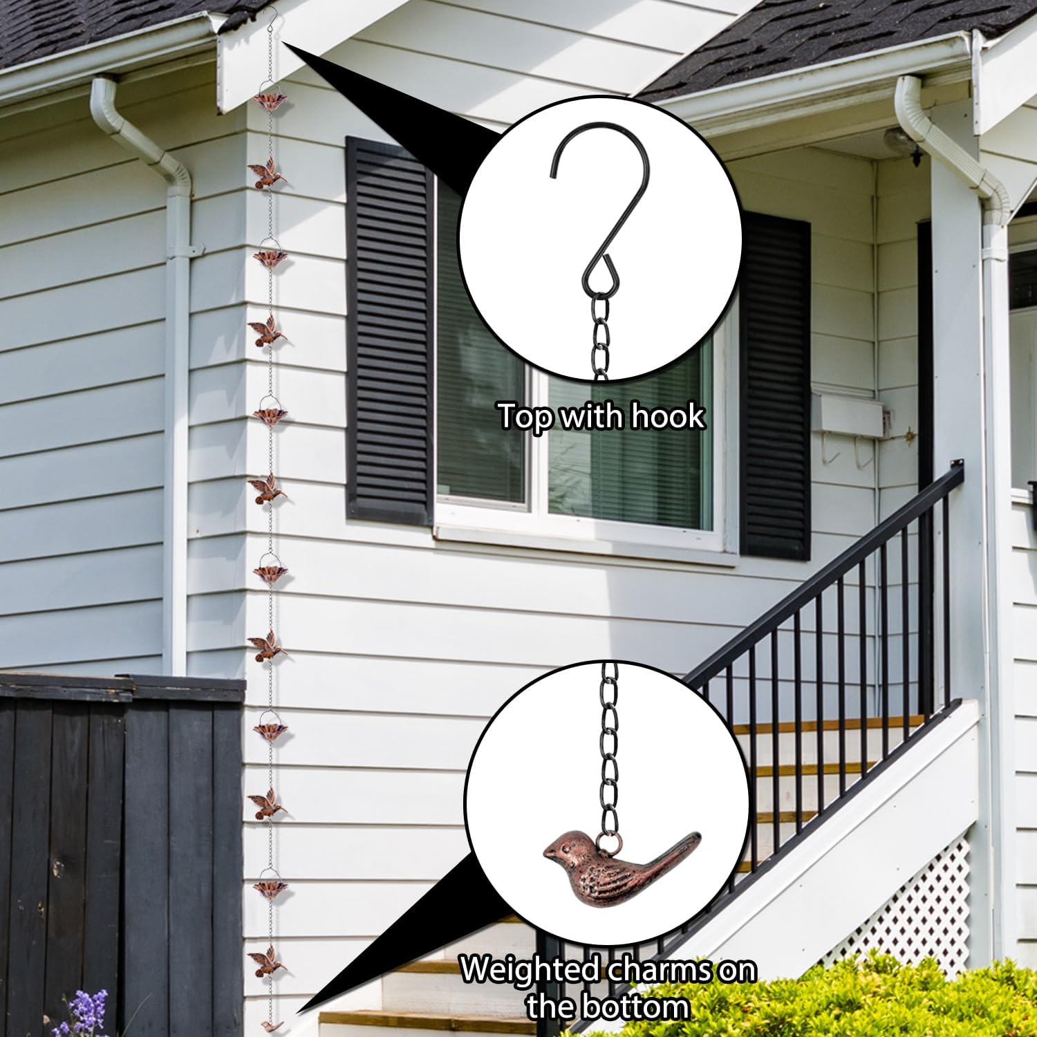 8.5Ft Copper Rain Chains for Gutters | Lotus Rain Catcher Chain for Gutters Outside with Adapter, Hummingbird and Cup