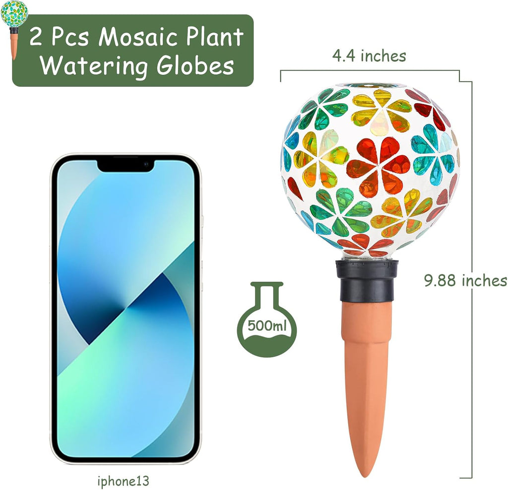 Plant Watering Globes Mosaic Self Watering Spikes 2 Pack | Large Self Watering Planter Insert Automatic Watering Device