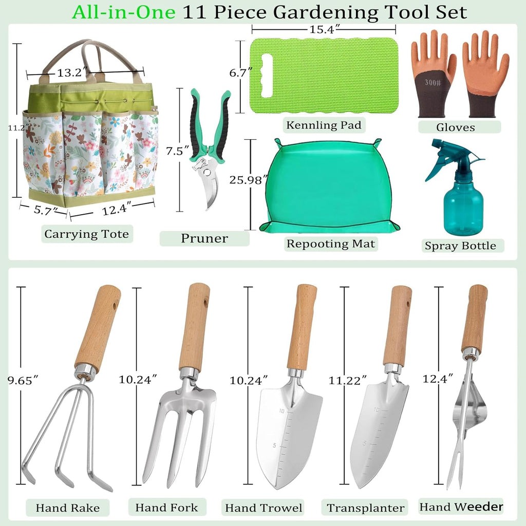 Garden Tool Set 11-Piece Heavy Duty Gardening Hand Tools - Rust-Resistant Stainless Steel with Durable Stylish Garden