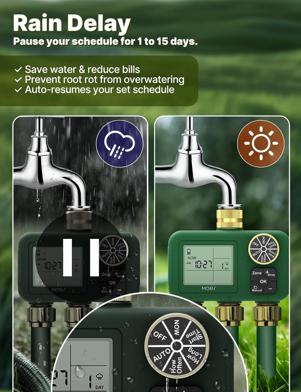 MOES 3 Zone Water Timer, Brass Fittings, Sequential Watering, No Wi-Fi | 3 Independently Programmable Outlets With 3/4