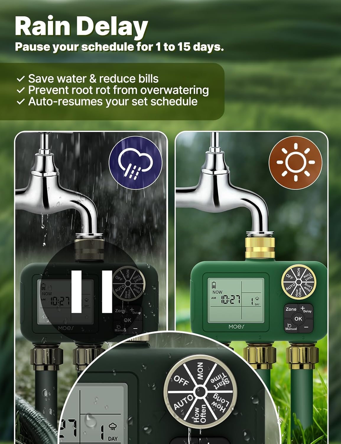 MOES 3 Zone Water Timer, Brass Fittings, Sequential Watering, No Wi-Fi | 3 Independently Programmable Outlets With 3/4