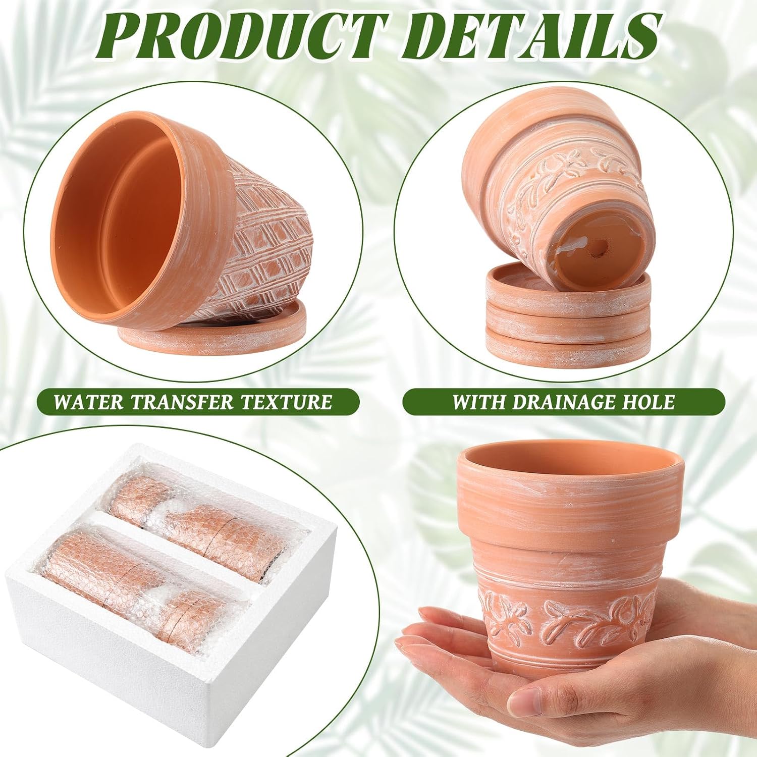 Set of 6 Embossed Succulent Pots 4" Small Terracotta Pots with Drainage Hole Saucer Mini Rustic Clay Succulent Planter