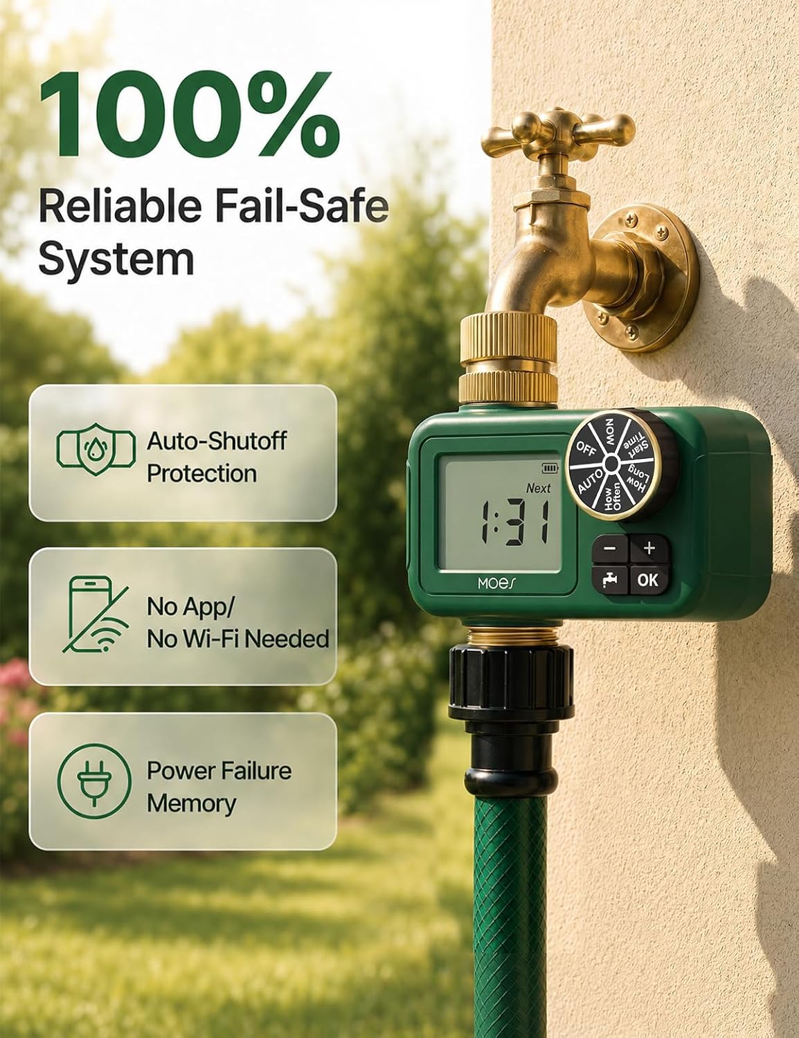 MOES 1-Zone Water Timer for Garden Lawn Hose, Brass 3/4 Inlet & Outlets | Independent Single-Outlet Sprinkler Timer