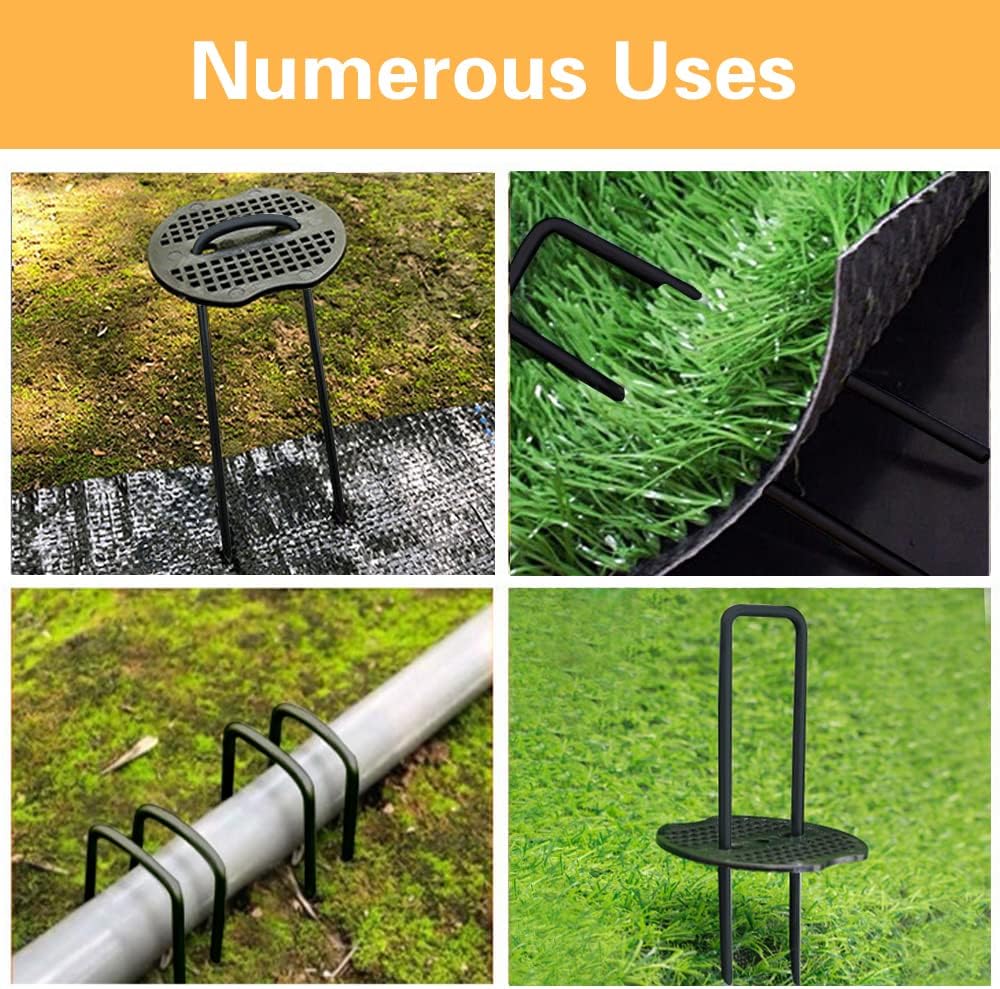 Bakulyor 100pcs Black Landscape Staples + 100pcs Buffer Washer, 6 Inch 11 Gauge Garden Stakes Staples, U Shaped