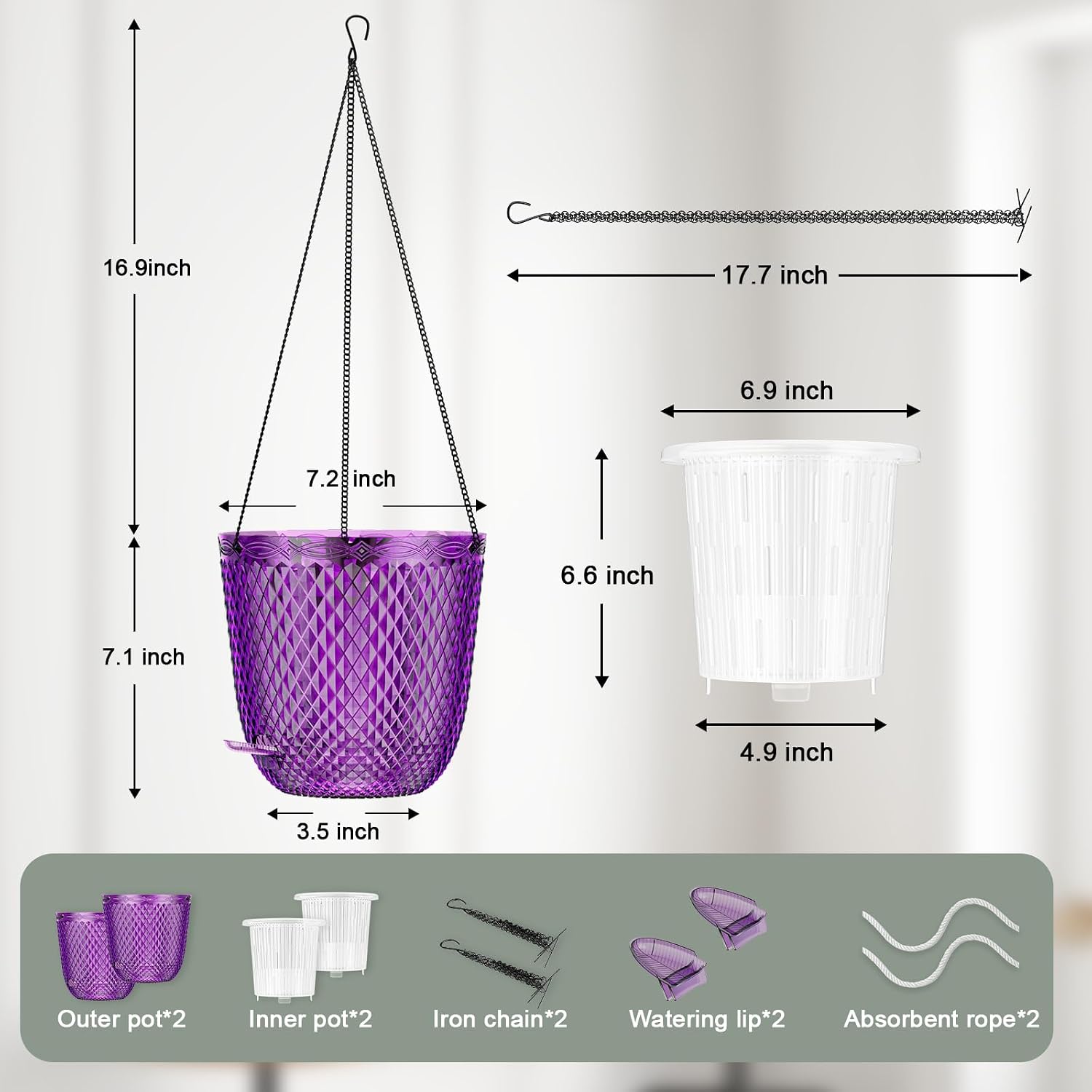 QCQHDU Hanging Planters for Indoor Plants, 2-Pack, 7.2 Inch, Purple | Plastic, Self Watering Plant Hanger, with