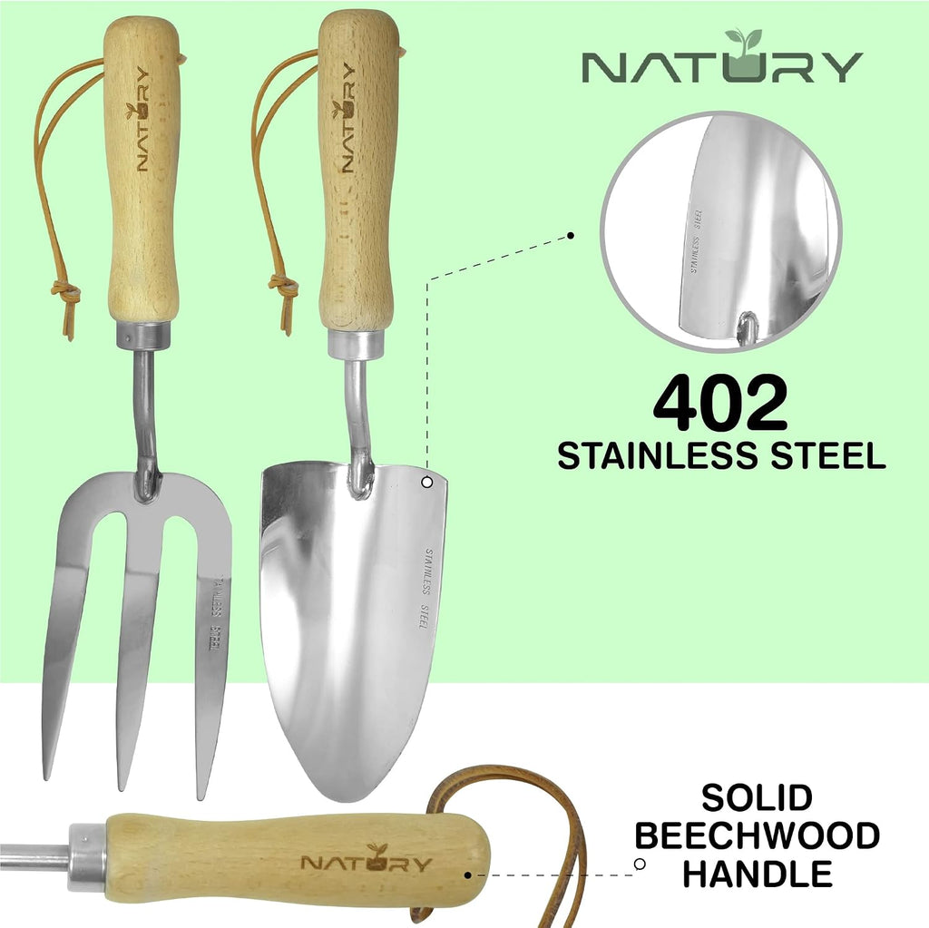 Garden Tools Set – Premium Stainless Steel Gardening Hand Tools with Solid Beechwood Handle – Gardening Kit with Rake