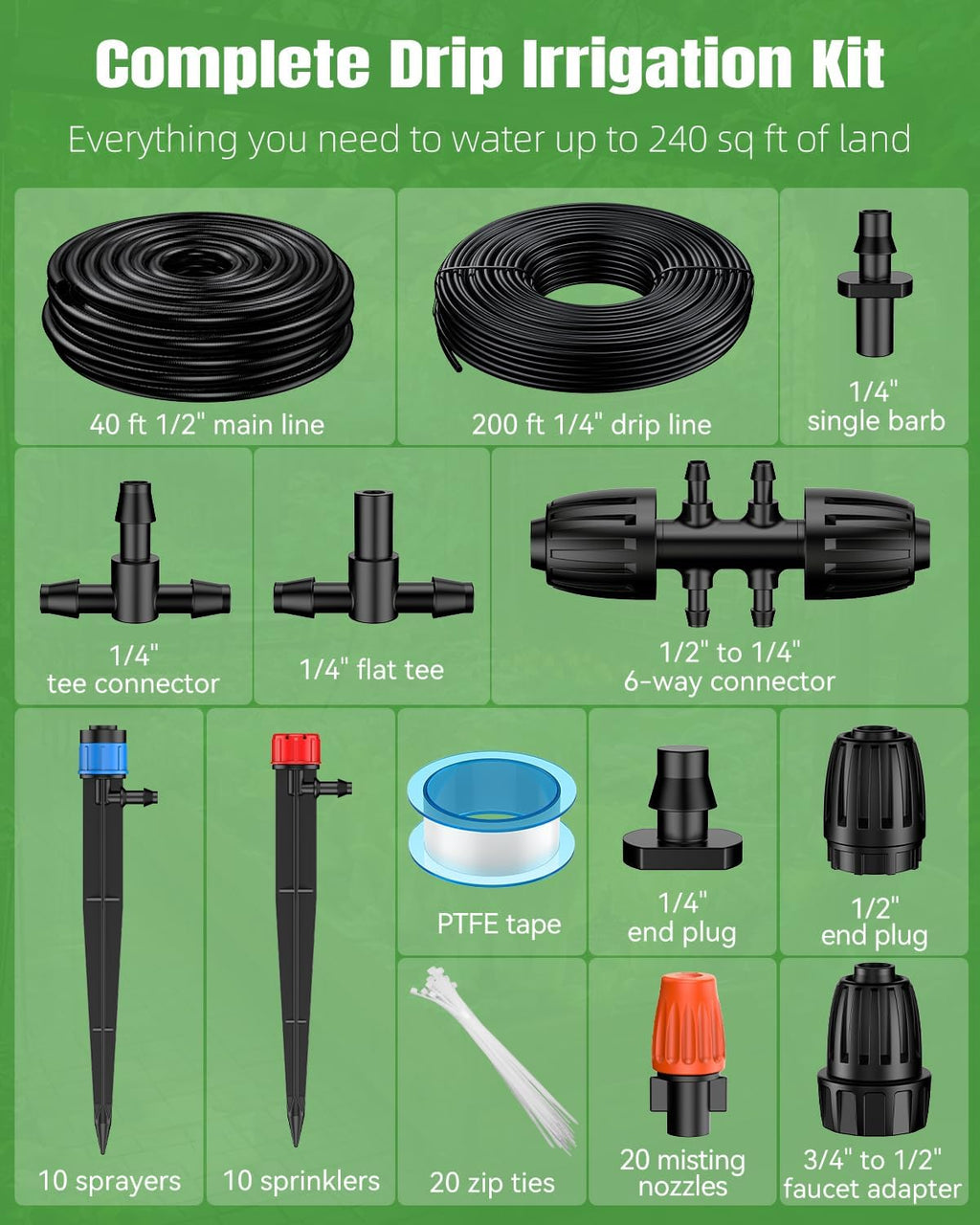 Pawfly Drip Irrigation System for Garden, 240FT Drip Irrigation Kit with 1/2" & 1/4" Tubing Adjustable Emitters