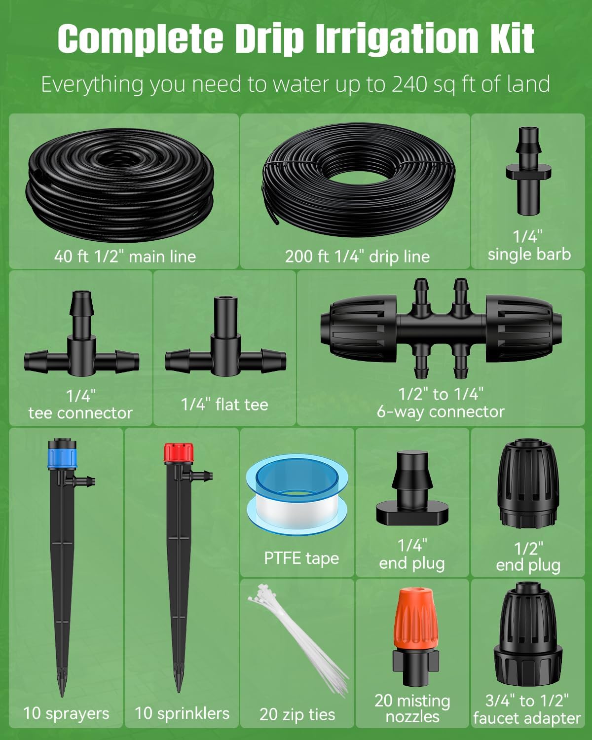 Pawfly Drip Irrigation System for Garden, 240FT Drip Irrigation Kit with 1/2" & 1/4" Tubing Adjustable Emitters
