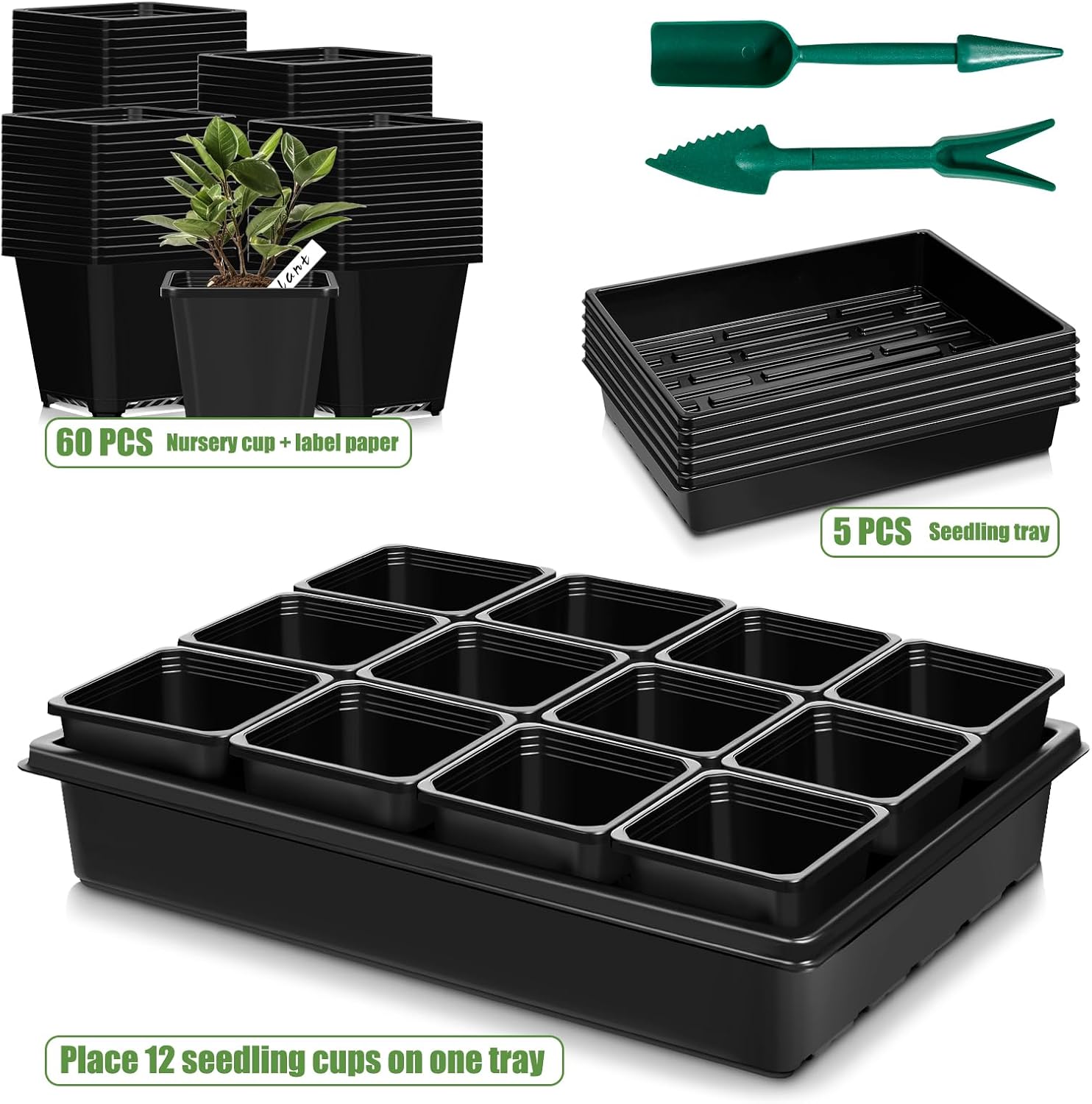 mwellewm 5 Pcs Seed Starter Tray, 3.5 Inch (9CM) 60 Pcs Nursery Pots Kit, Thickened Seed Starting Trays Square Seedling