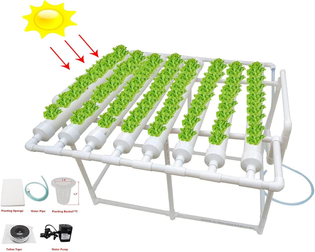 INTBUYING Hydroponics Growing System 72 Holes 8 Pipes 1 Layer Plant Site Grow Kit with 110V Water Pump, Nest Basket