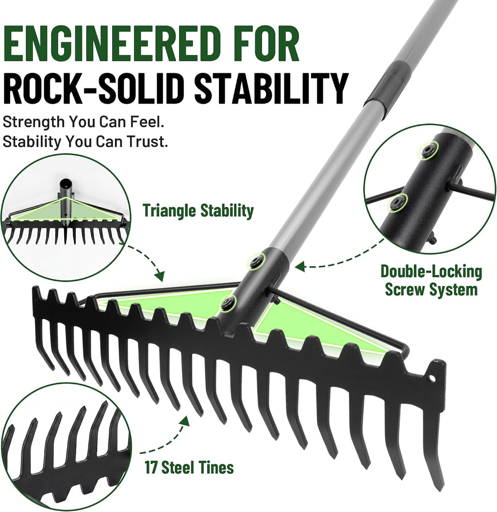 Walensee Heavy Duty Dual-Sided Bow Rake, 63" Stainless Steel Handle, Heat-Treated Manganese Steel Head, 17 Steel Tines