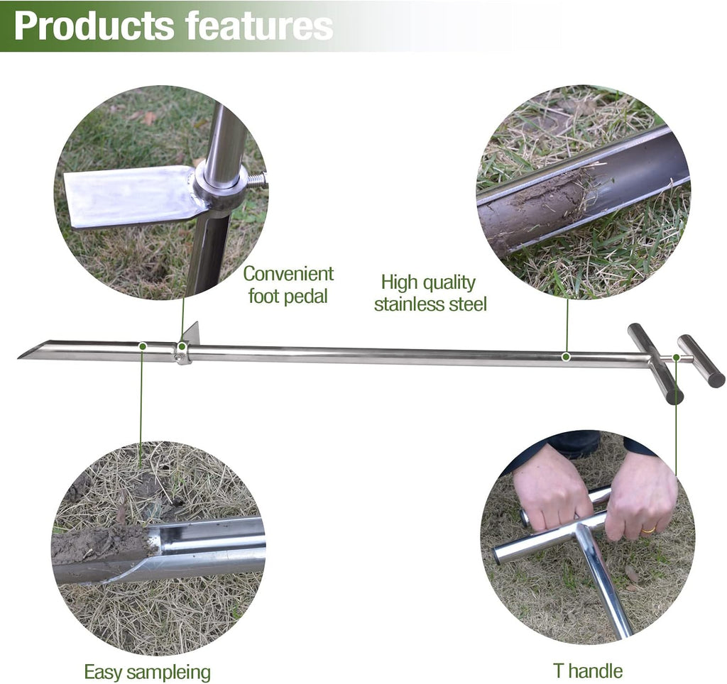 40 Inches Professional Stainless Steel Soil Sampler Probe with Ejector Foot Pedal Reusable Sample Bag, Soil Test Kits