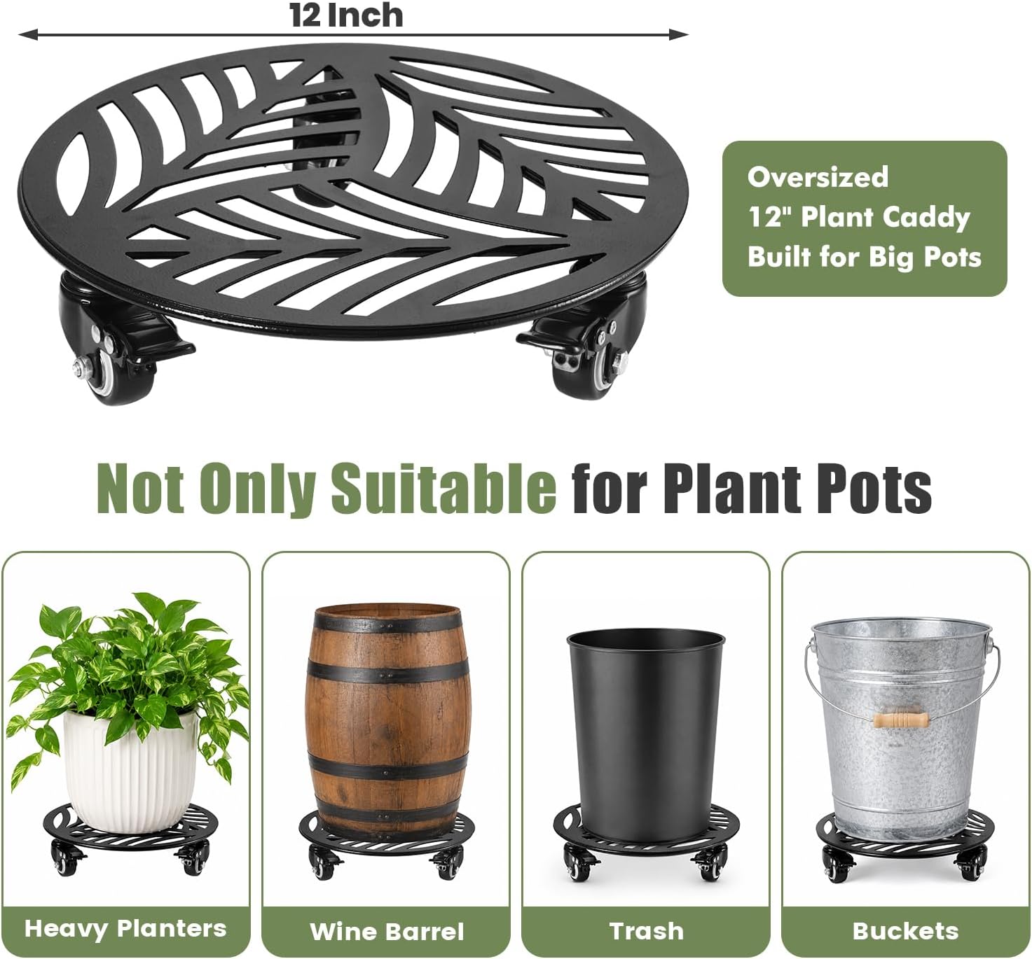1-Pack Large Metal Plant Caddy with 3 Wheels 12 Inches Heavy-duty Rolling Plant Stands with Casters Wheeled Flower Pot