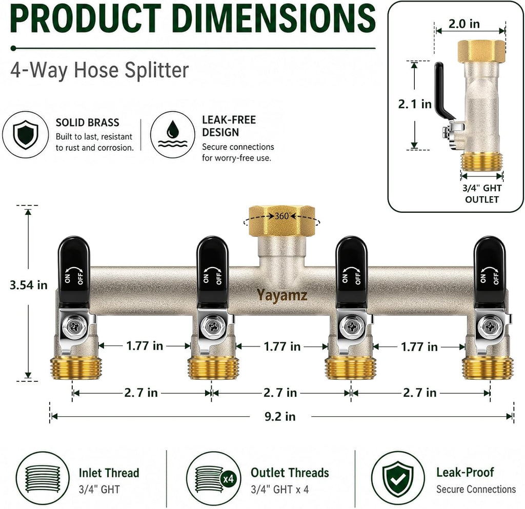 4 Way Garden Hose Splitter, 3/4" GHT Outdoor Faucet Splitter | Heavy-duty Solid Brass Body, Wide Spacing Fits Large