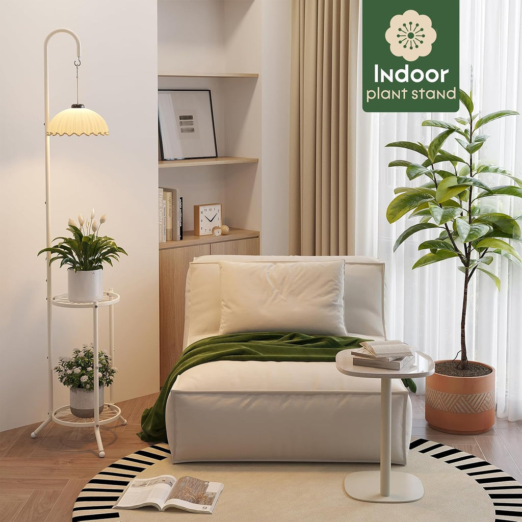 2-Tier Plant Stand With Hanging Hook, Metal Standing Plant Hanger, White | Space-Saving Iron Planter Shelves, Multiple