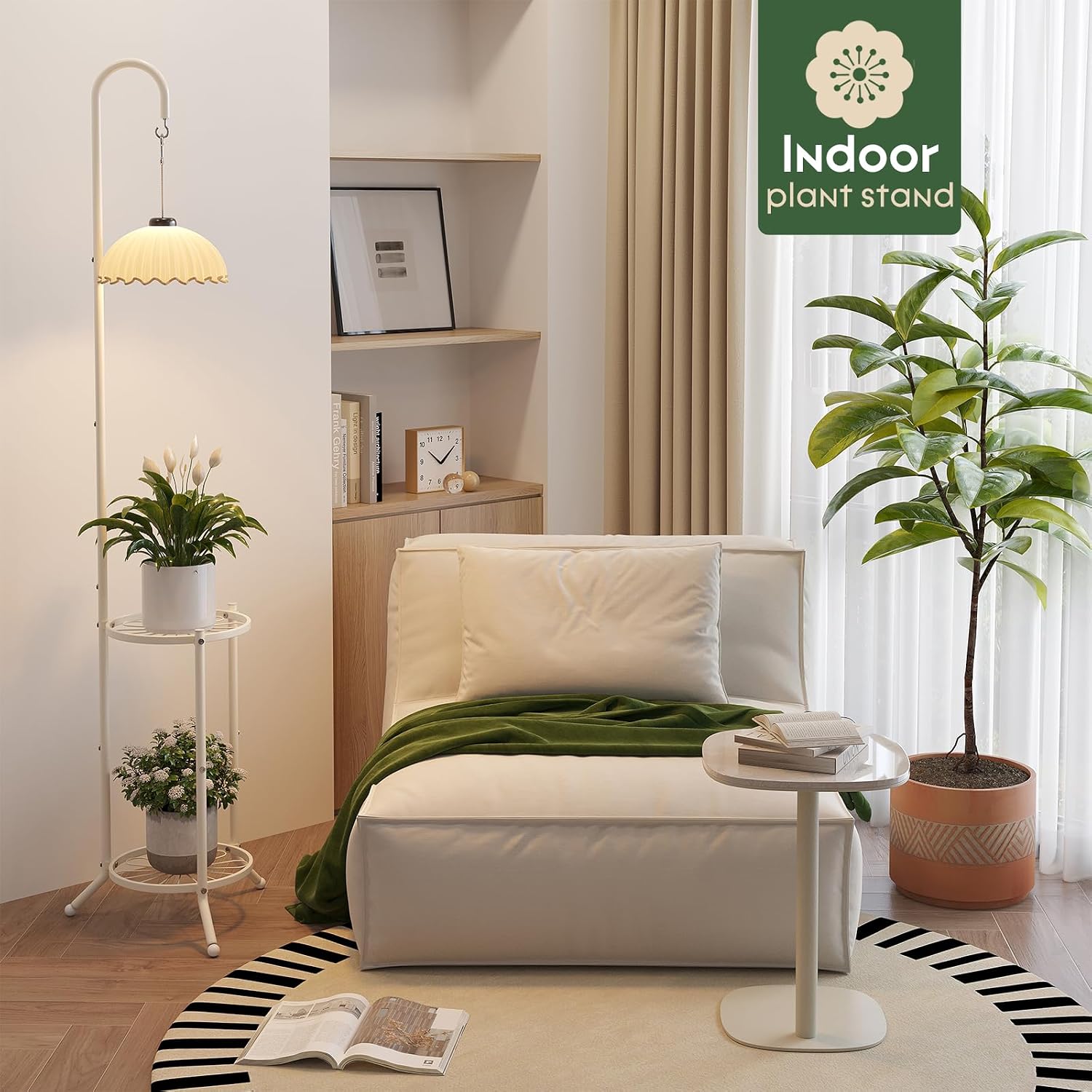 2-Tier Plant Stand With Hanging Hook, Metal Standing Plant Hanger, White | Space-Saving Iron Planter Shelves, Multiple