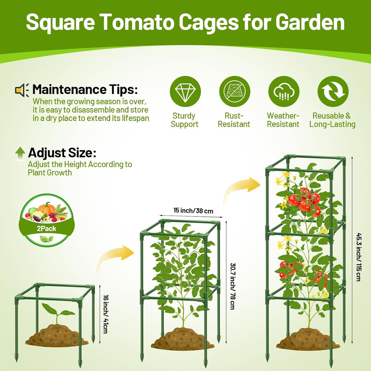 2 Pack 45 Inch Tomato Cages for Garden, Heavy Duty Tomato Trellis | Adjustable & Reusable Square Tomato Plant Support