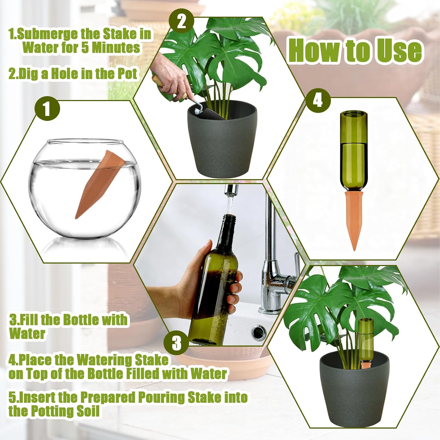 TINSKY 6 Sets Plant Watering Devices Terracotta Self Watering Spikes and 26 Oz Plastic Green Bottles Slow Release