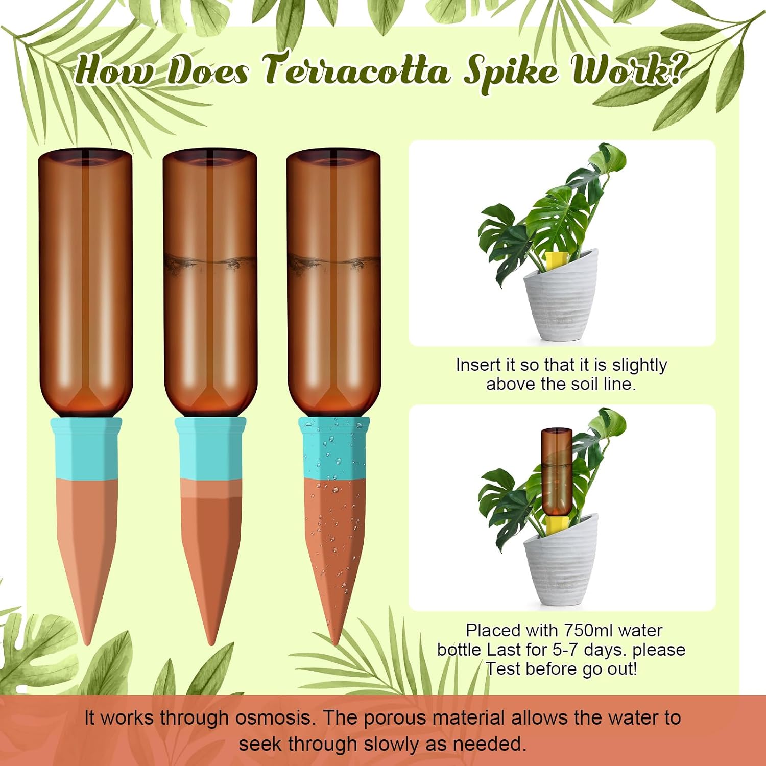 SiliFine 6 Sets Terracotta Watering Spikes,Brown and Mixed Color | 26 oz Bottles for Slow Release Watering, Self