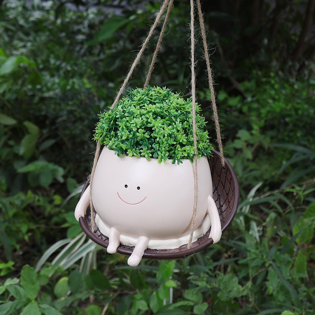 bestbear Hanging Swing Chair Planter Pot Resin Smiley Face Planter for Indoor Outdoor Plant Cute Head Flower Pots for