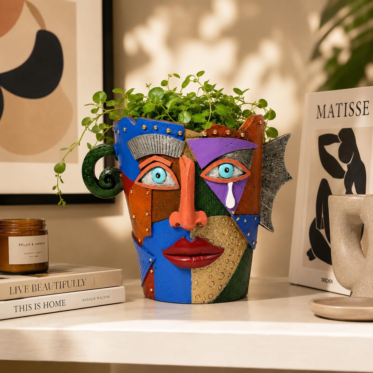 Picasso Abstract Face Planter Colorful Head Planter for Indoor Outdoor | Handmade Resin Art Pot with Drainage | Picasso