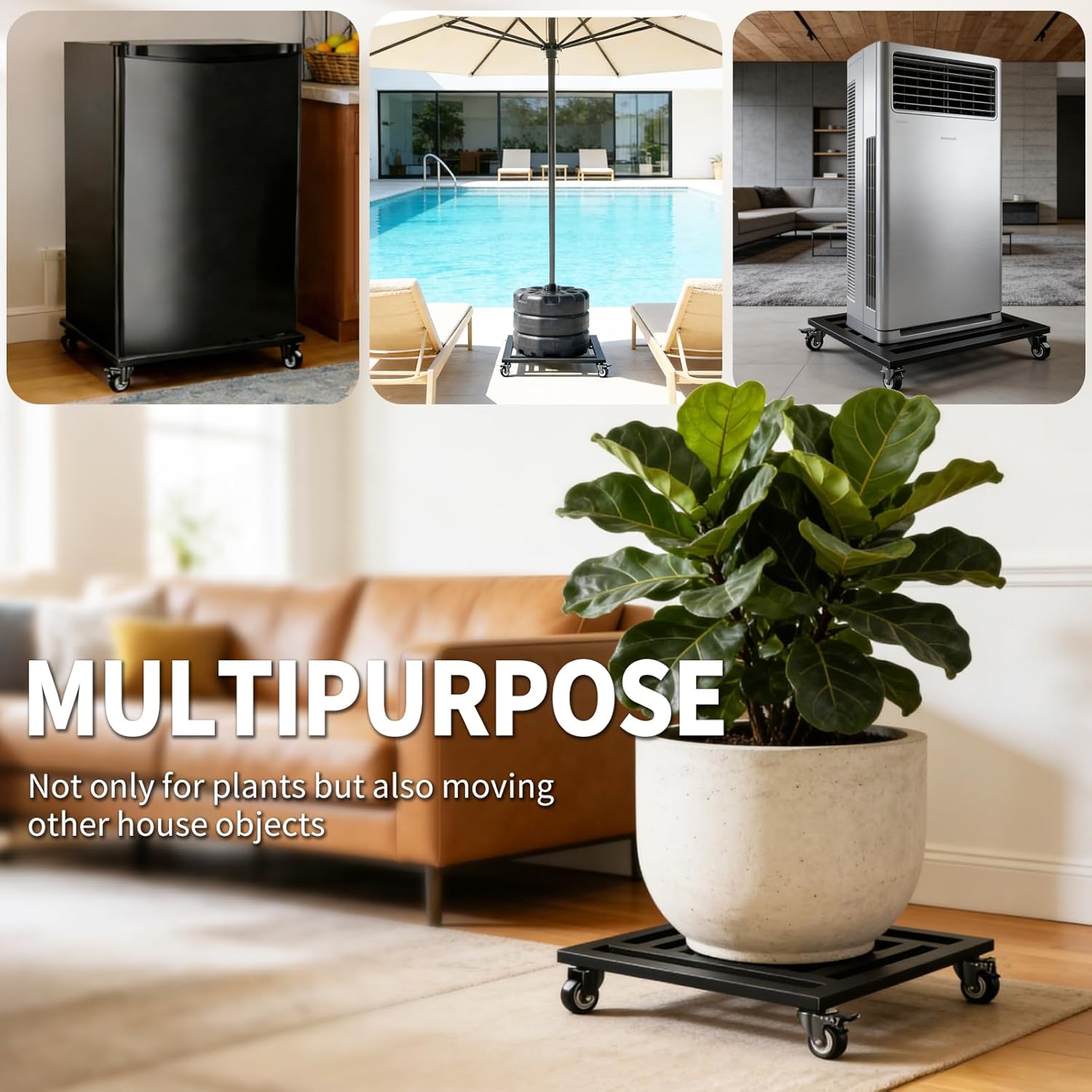 Plant Caddy with Wheels, 16'' Heavy Duty Large Metal Rolling Plant Stand | Square Plant Dolly with Lockable Caster